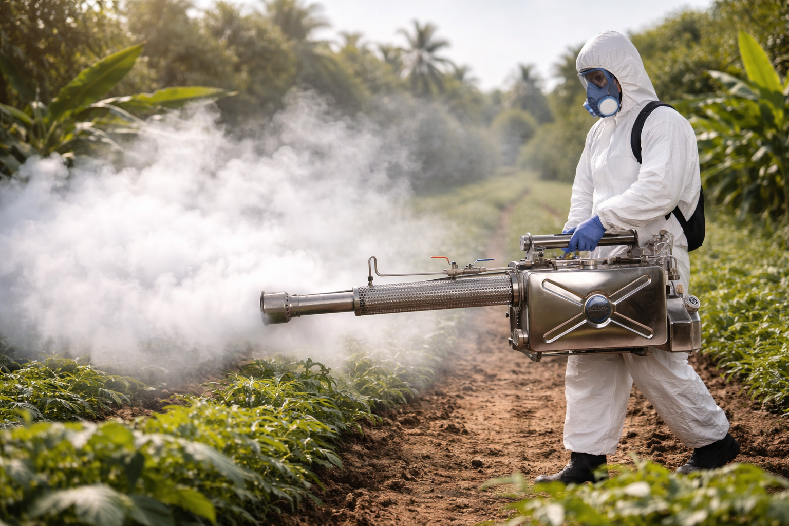Trabajador fumigando campo agrícola